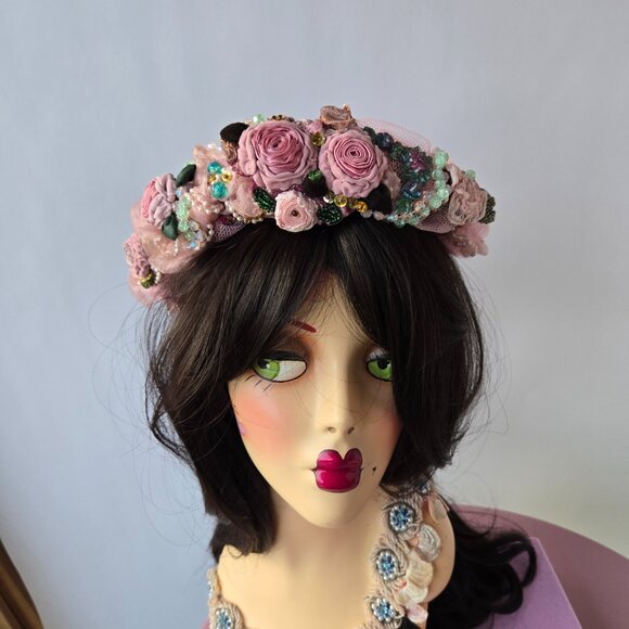 Handmade Pink Rose Crown Flower Tiara 1920s-Style  Fairycore Romantic Headband main image 6
